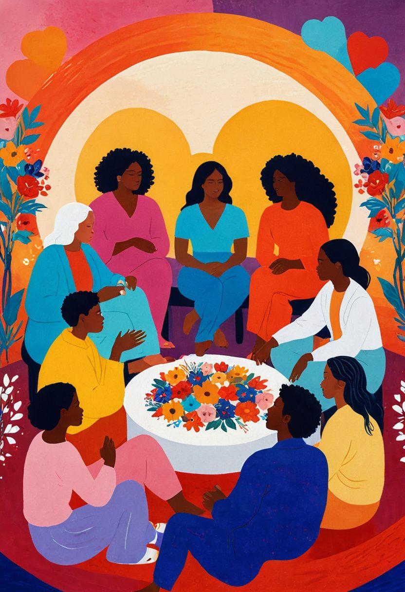 A diverse group of confident individuals sharing intimate stories, surrounded by vibrant, abstract symbols of love and sexuality. Include elements like hearts, flowers, and soft, flowing shapes to represent empowerment and self-discovery. The focal point should be an inviting and warm atmosphere that highlights connection and understanding. Use bright, bold colors to evoke feelings of passion and acceptance. super-realistic. vibrant colors. warm background.