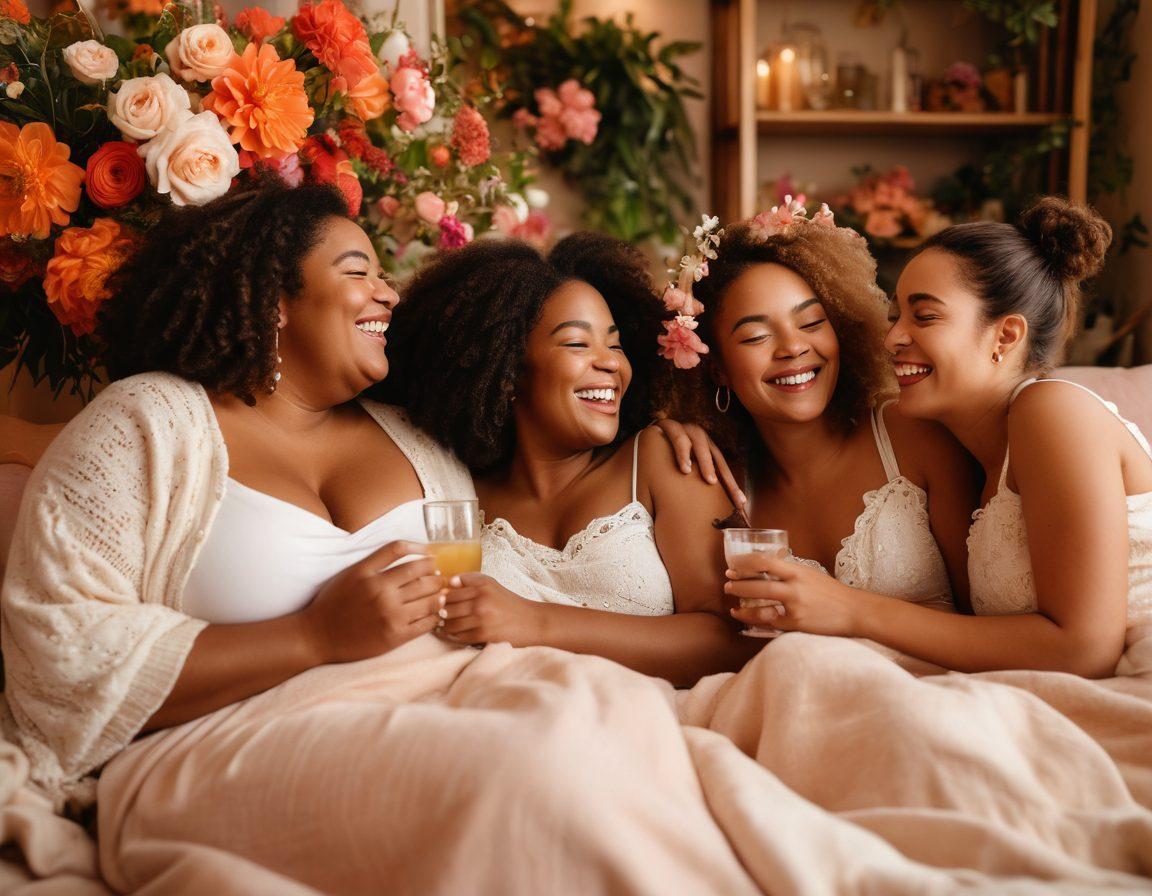 A beautiful, diverse group of women of varying body sizes celebrating love and self-acceptance in a cozy, romantic setting filled with soft lighting and flowers. They are laughing and enjoying each other's company, some sharing heartwarming moments with partners, showcasing a love that embraces all forms of beauty. Warm hues to evoke feelings of comfort and positivity. whimsical art style. vibrant colors. soft background.